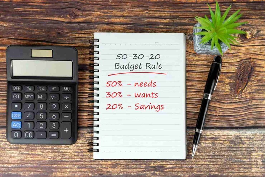 A flat lay of a notebook displaying the 50/30/20 budget rule—50% for needs, 30% for wants, and 20% for savings—alongside a calculator, pen, and small plant on a rustic wooden desk, illustrating a simple approach to personal finance planning.
