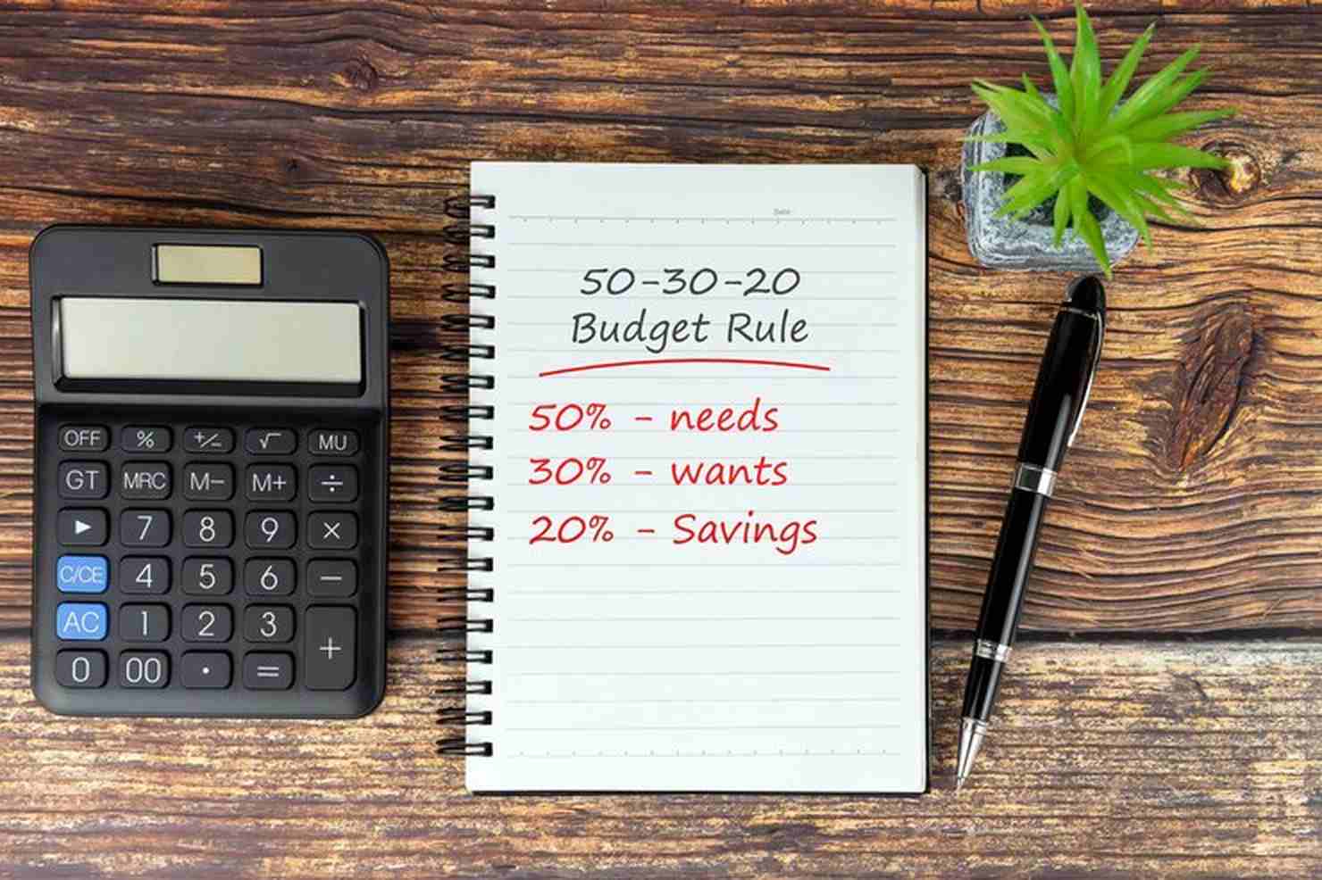 A flat lay of a notebook displaying the 50/30/20 budget rule—50% for needs, 30% for wants, and 20% for savings—alongside a calculator, pen, and small plant on a rustic wooden desk, illustrating a simple approach to personal finance planning.