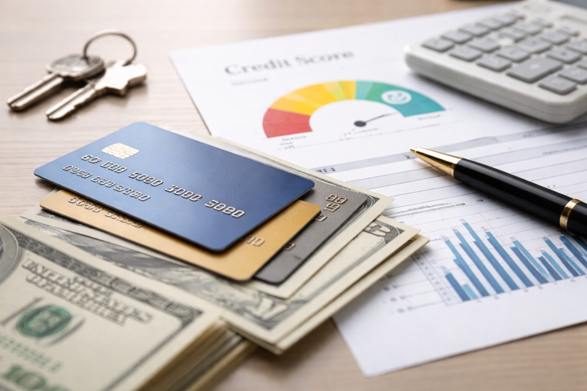 Minimalist and realistic scene showing stacked credit cards placed over US dollar bills on a light wooden desk, alongside a calculator, house keys, a pen, and financial documents with abstract charts, representing how credit cards relate to creditworthiness, borrowing decisions, and interest conditions in the United States.
