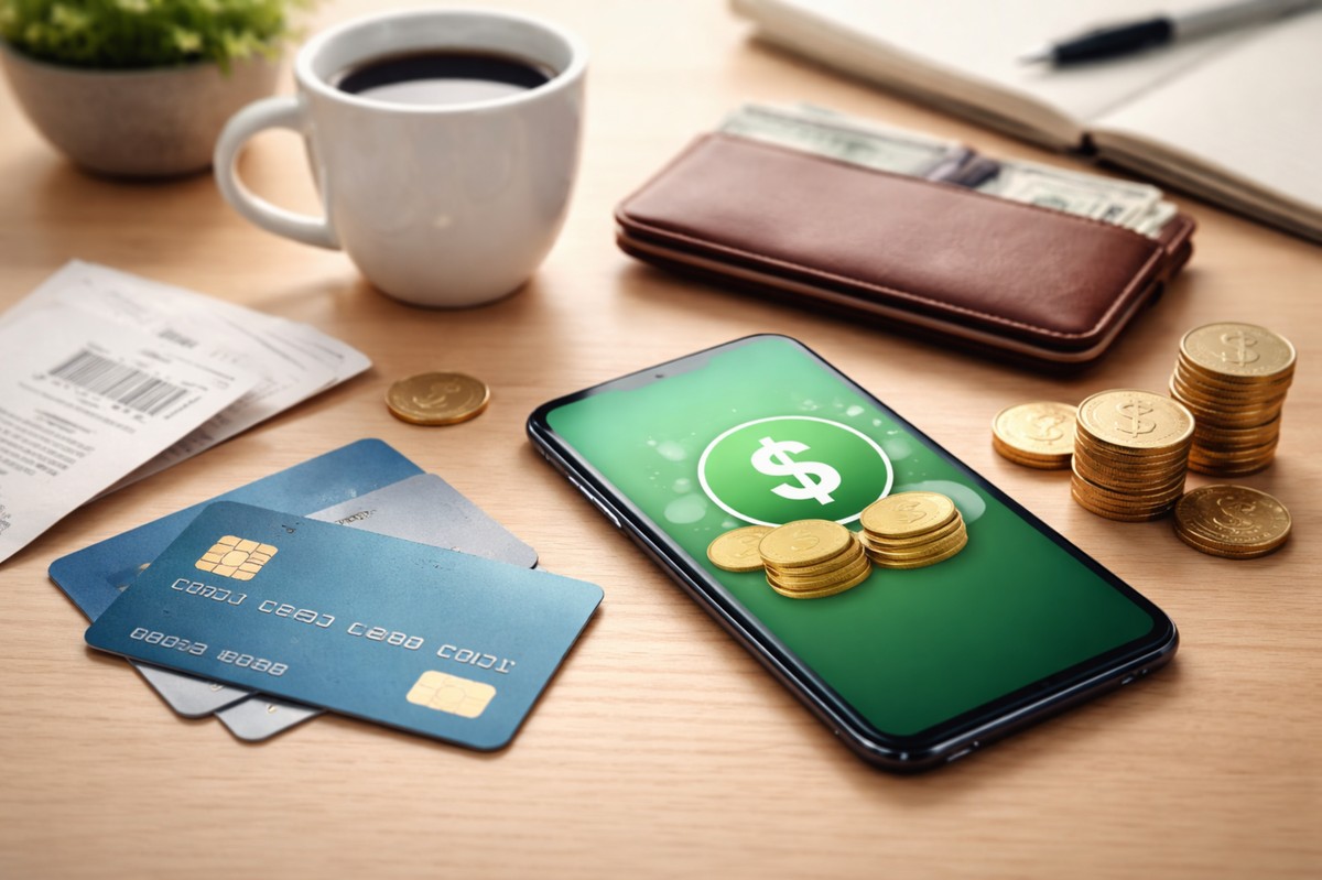 Minimalist and realistic scene showing credit cards placed on a wooden desk next to a smartphone displaying a digital money symbol, with stacked coins nearby, a leather wallet partially open with cash, coffee cup, receipts, and a notebook in the background, illustrating everyday consumer spending influenced by credit cards and cashback habits in the United States.