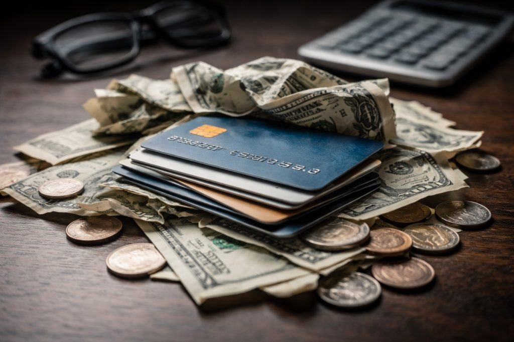 Close-up of stacked credit card cards resting on crumpled U.S. dollar bills and scattered coins on a dark wooden table, illustrating credit card debt and the hidden financial pressure of revolving credit in the United States.