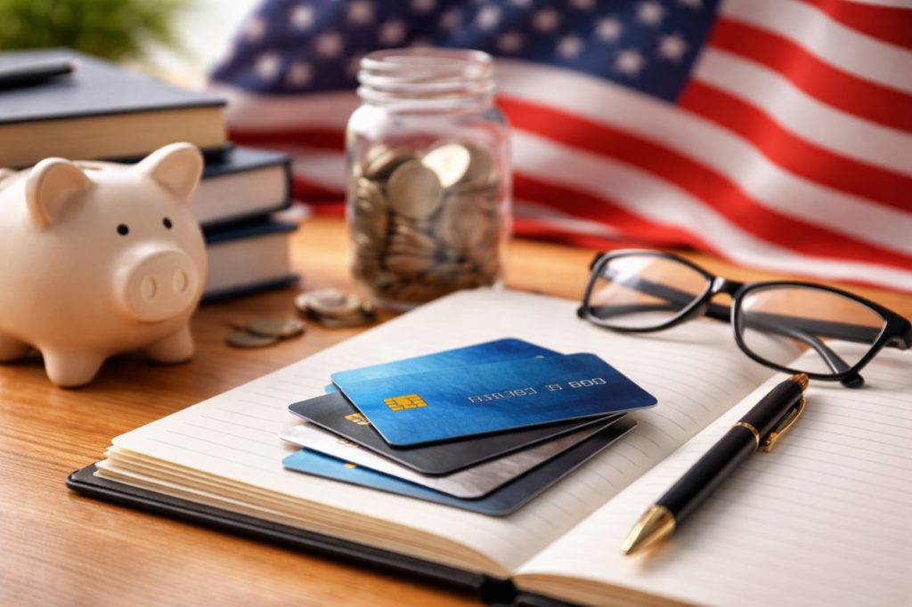 Realistic and minimalist composition showing credit card cards placed on an open notebook on a wooden desk, alongside a piggy bank, stacked books, a jar filled with coins, reading glasses, and a pen, with a softly blurred United States flag in the background, illustrating financial education and responsible credit card use.