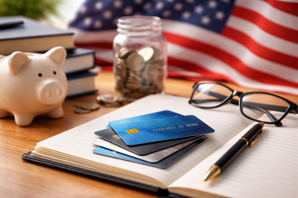 Realistic and minimalist composition showing credit card cards placed on an open notebook on a wooden desk, alongside a piggy bank, stacked books, a jar filled with coins, reading glasses, and a pen, with a softly blurred United States flag in the background, illustrating financial education and responsible credit card use.