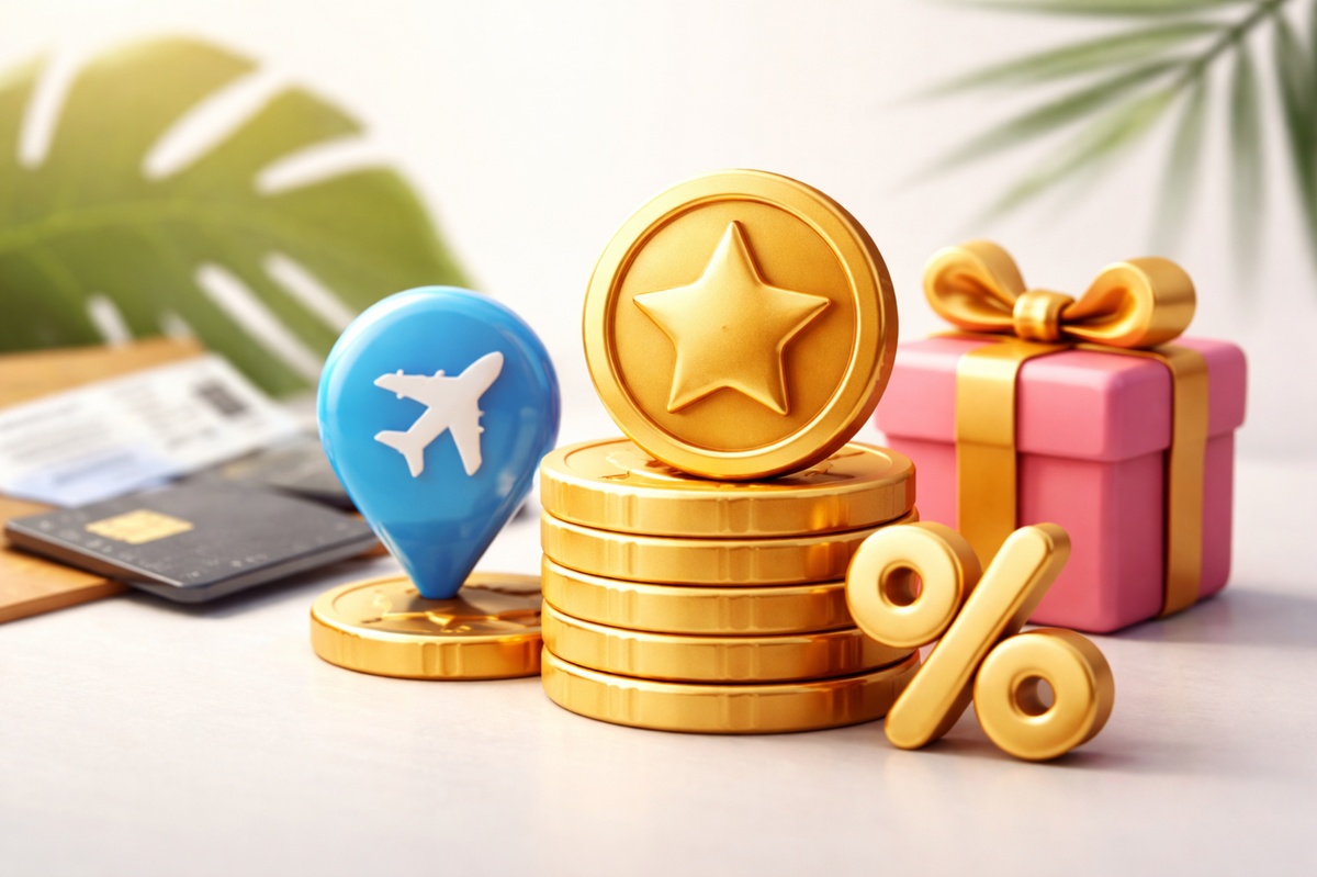 3D illustration of gold coins with a star symbol, percentage sign, airplane location pin and gift box next to credit cards, representing rewards, travel benefits and discounts.