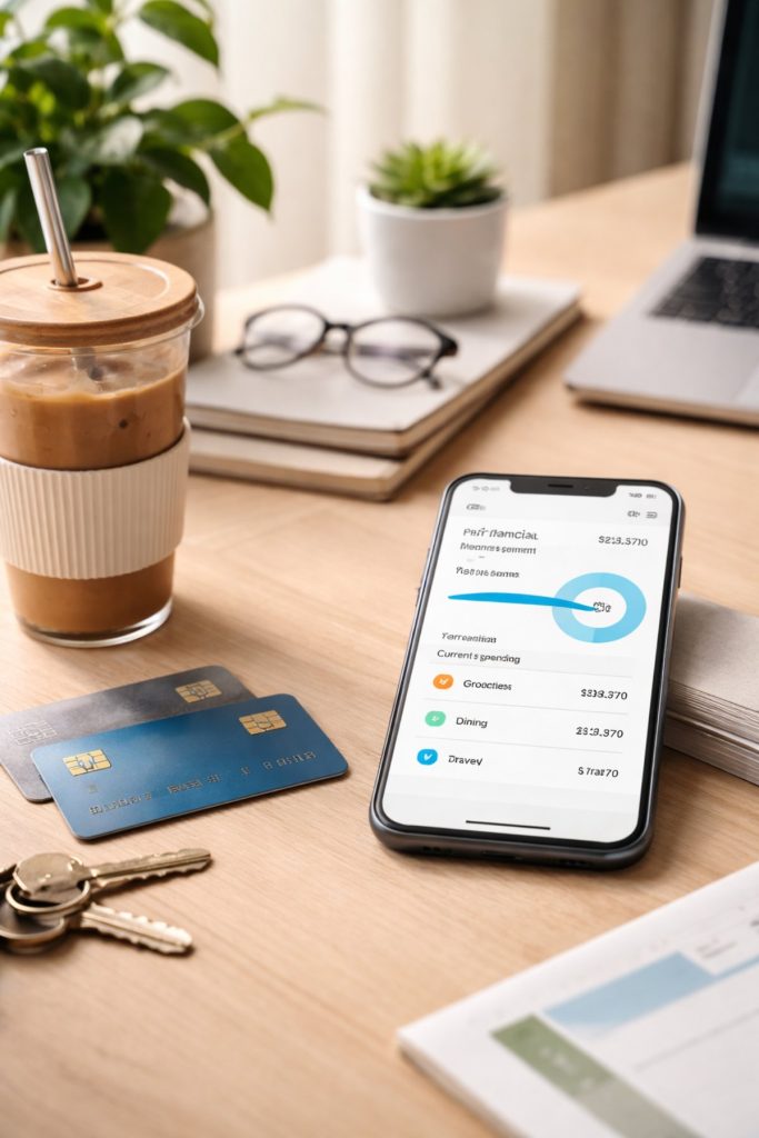 Realistic minimalist workspace scene representing mindful financial management in the United States, featuring a smartphone displaying a budgeting app, two modern Credit Cards on a wooden desk, a reusable iced coffee cup, houseplants, eyeglasses, and a laptop in soft natural lighting, conveying organized and conscious spending habits for 2026.