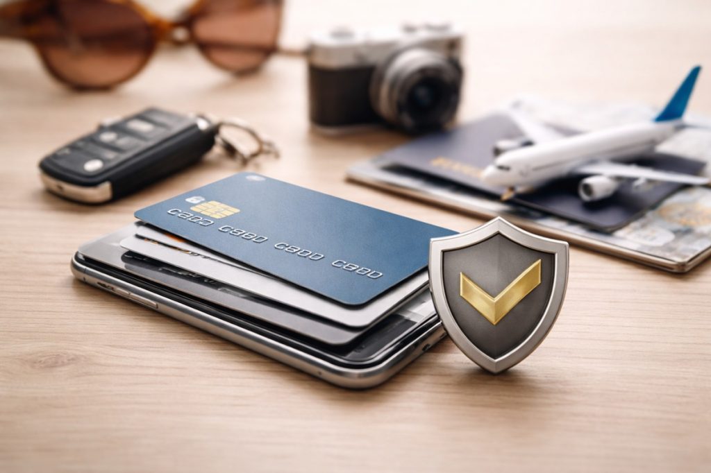 The image visually reinforces this message through a clean, realistic composition: credit cards placed on a smartphone beside a metallic shield, symbolizing security and consumer protection.
