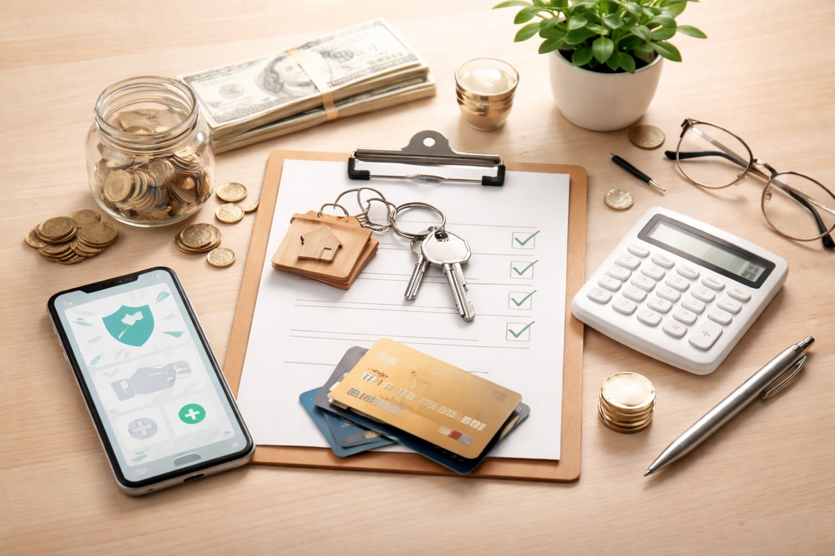 A realistic and minimalist financial workspace scene featuring a clipboard with a checklist and house-shaped keychain placed on top, surrounded by coins, a jar filled with savings, a stack of cash, a calculator, eyeglasses, a pen, and a smartphone displaying a secure banking interface.