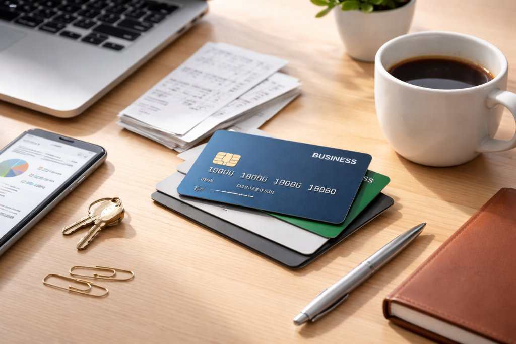 Minimalist workspace scene showing a stack of business credit cards on a wooden desk next to a laptop, smartphone with financial dashboard, coffee mug, receipts, pen, notebook, and small office accessories, illustrating financial organization and expense management using credit cards for small business payments in a clean professional environment.
