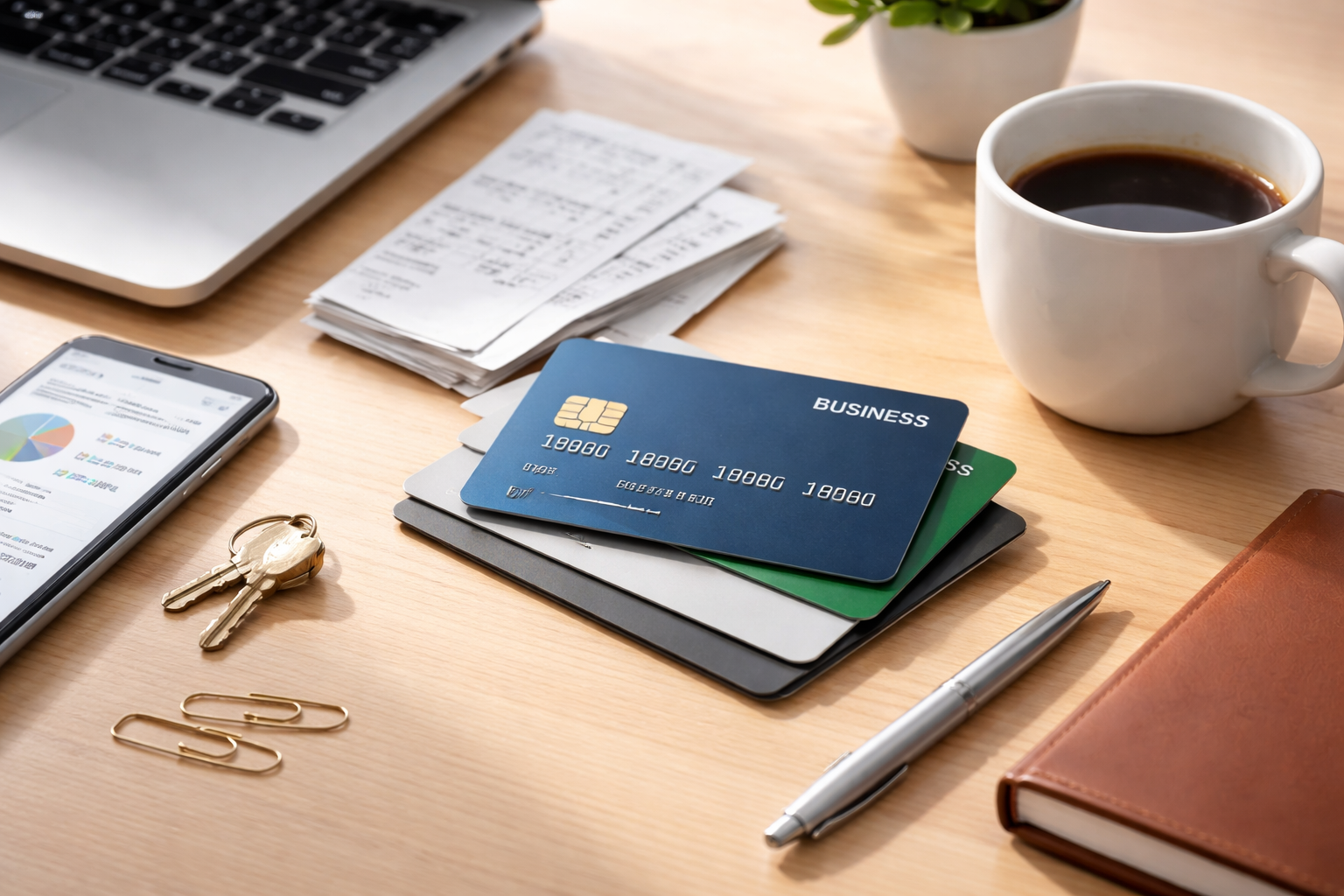 Minimalist workspace scene showing a stack of business credit cards on a wooden desk next to a laptop, smartphone with financial dashboard, coffee mug, receipts, pen, notebook, and small office accessories, illustrating financial organization and expense management using credit cards for small business payments in a clean professional environment.