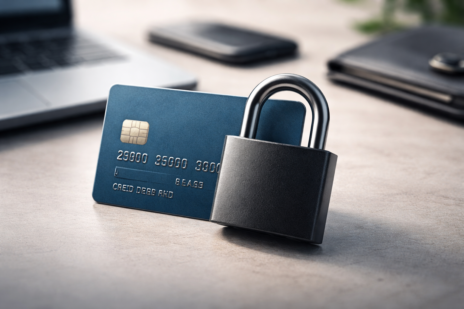 The image visually reinforces this concept. It shows a credit card placed beside a padlock, symbolizing protection and security related to financial information.