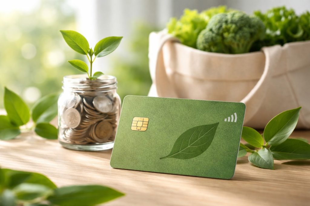 The image visually reinforces this idea by presenting a minimalist and realistic scene that connects finance and sustainability.