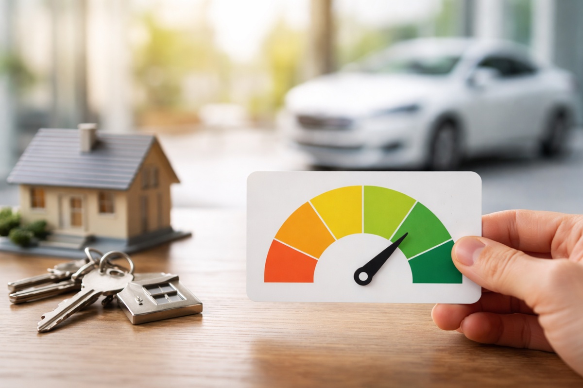 The image visually reinforces this idea by showing a hand holding a credit score indicator positioned in the high (green) range, symbolizing strong financial health.