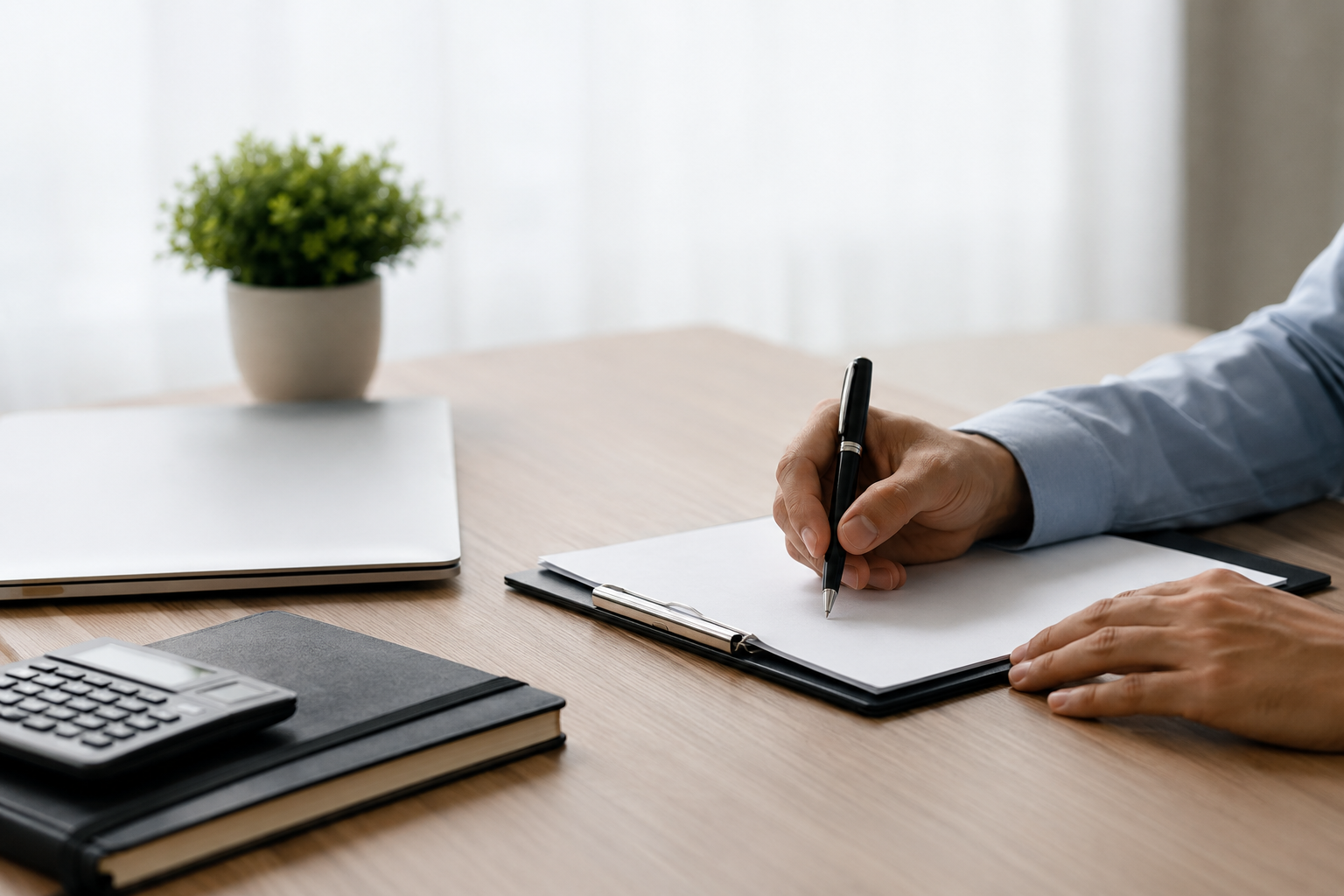 The image portrays a minimalist and realistic office workspace with financial organization elements, including a calculator, notebook, laptop, and paperwork on a wooden desk. The clean composition and soft natural lighting reinforce themes related to Finances, planning, and professional financial management in a modern American setting.